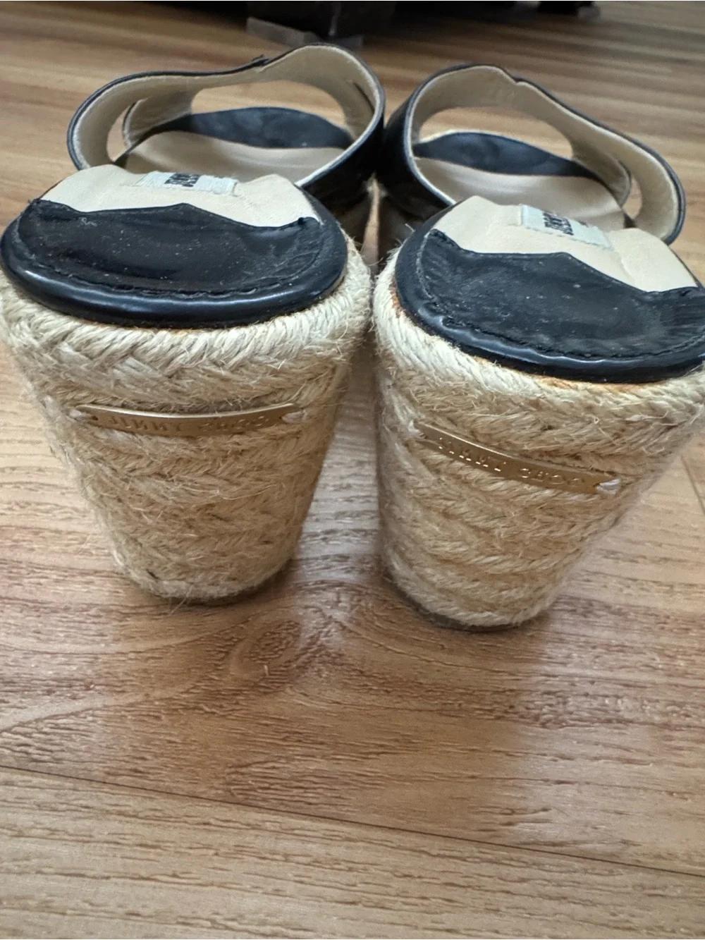 Jimmy Choo Black Patent Leather Espadrille Wedge Sandals - Picture 11 of 12